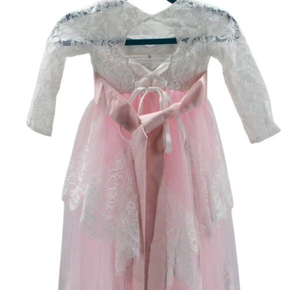 FLOWER GIRL'S PARTY DRESS 4-5y white pink long sleeve lace maxi dress NEW B75 - Picture 3 of 7